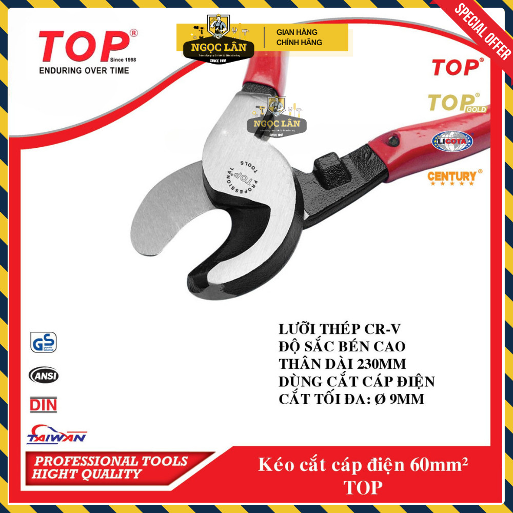 [Chính hãng TOP] Kìm cắt dây cáp điện 60mm2 TOP (tối đa phi 9mm) thép CR-V hàng Đài Loan cao cấp
