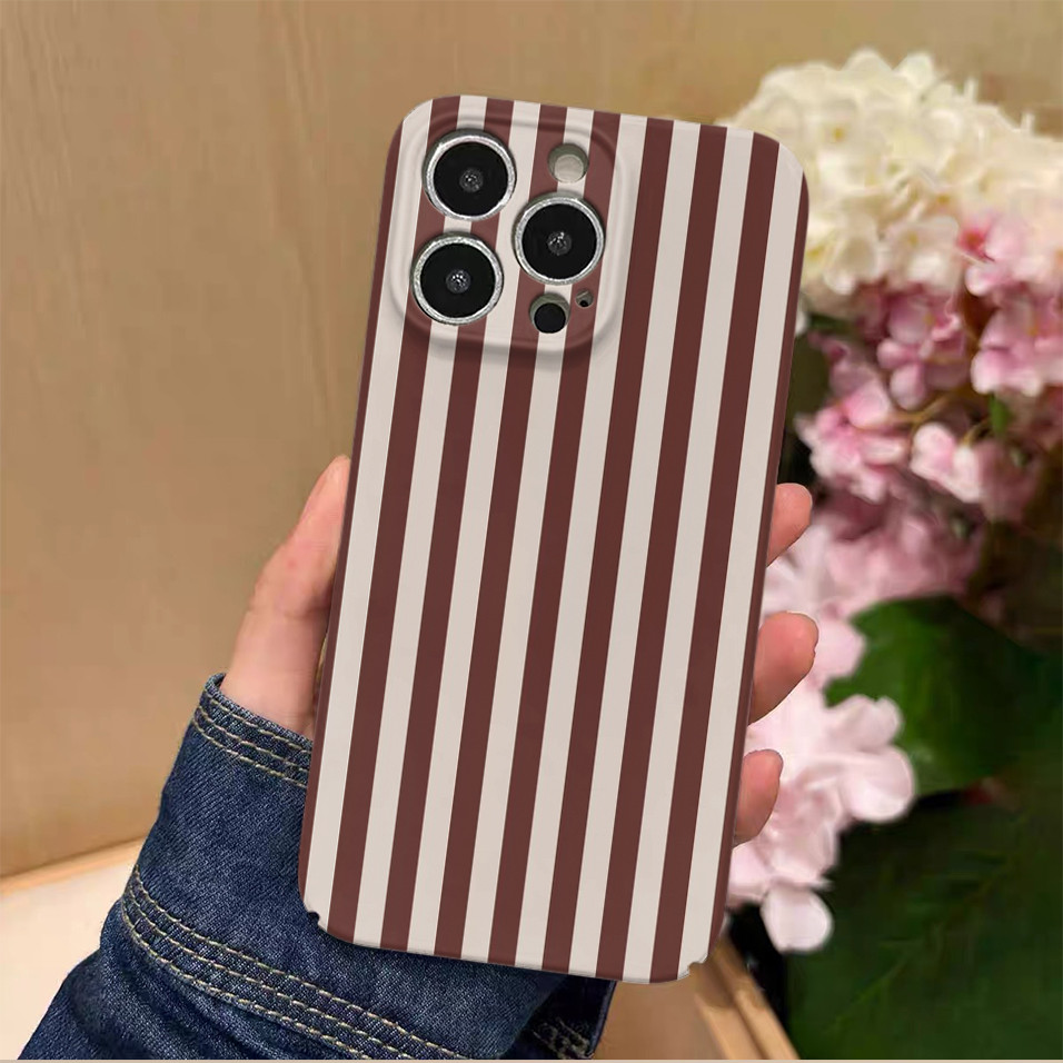 Ốp điện thoại sọc trắng và nâu cho iPhone16PM 15ProMax 11Pro 12MINI SAMSUNG S22 / 23 / 24 / 25 13plus 7 / 8 SE XS XR Vỏ cứng bóng