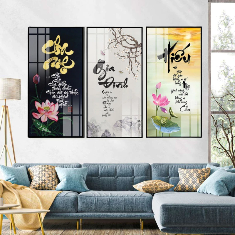 Bộ 3 Tranh Chữ Thư Pháp - Tranh Treo Tường Chữ Cha Mẹ - Gia Đình - Hiếu - Treo Phòng Khách An Tĩnh — ảnh 1