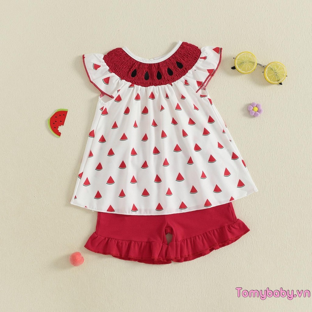 Bộ trẻ em bé gái không tay cổ tròn in hình dưa hấu + quần short Trang phục 2 món mùa hè