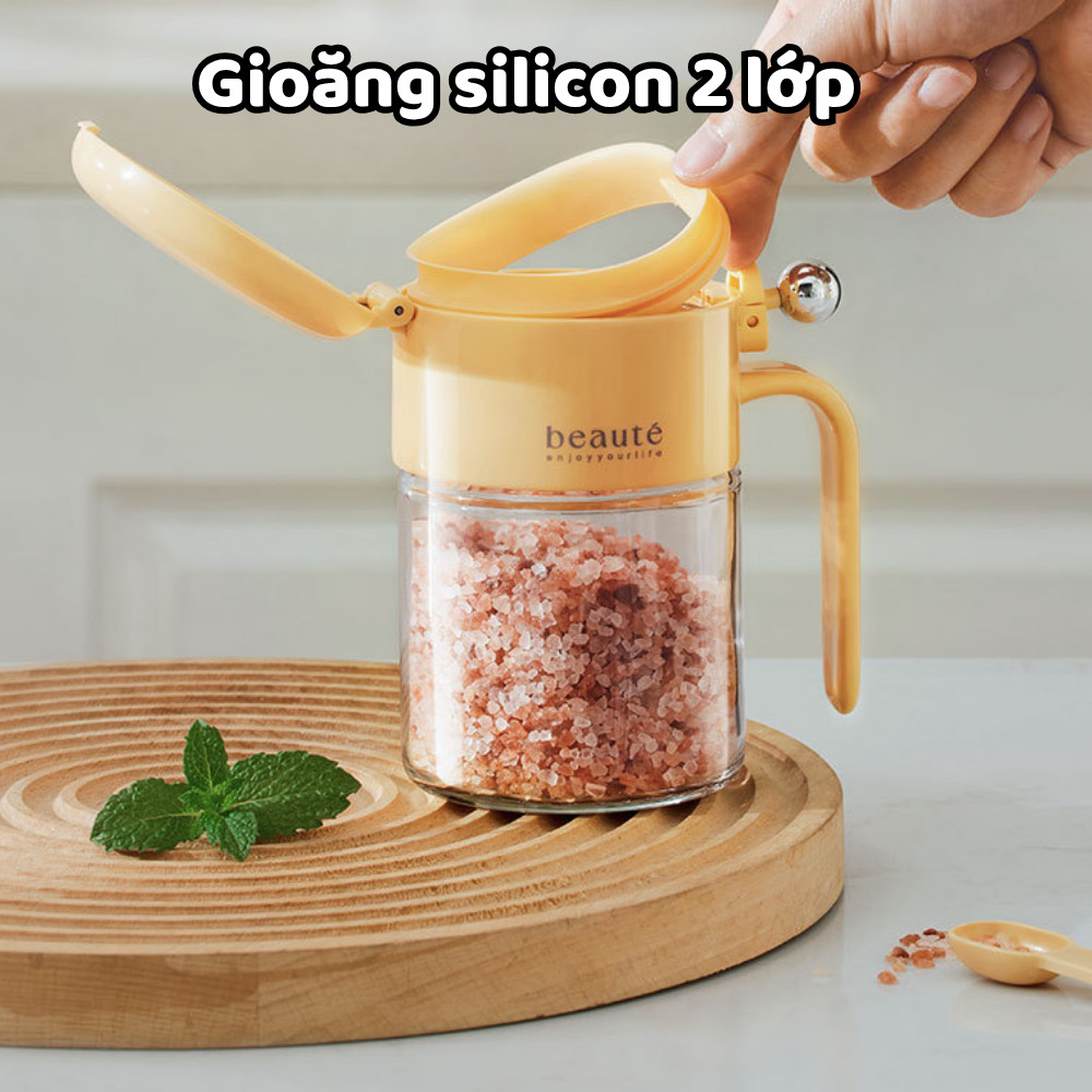 Lọ Đựng Gia Vị Thủy Tinh Kèm Muỗng, Nắp Bật Tự Động Chống Ẩm Ướt, Ngăn Vi Khuẩn