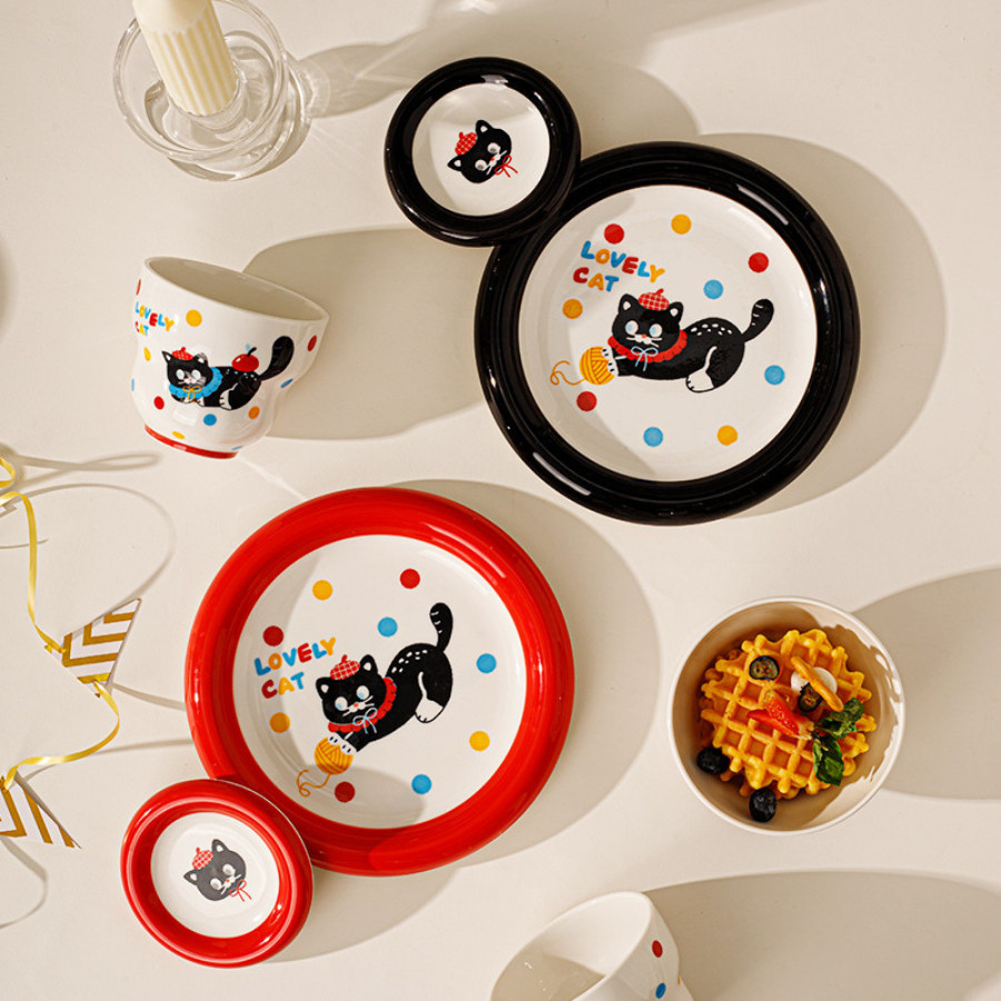 Bát Đĩa Sứ Cao Cấp Hình Mèo Đen Cute, Bát Cơm, Đĩa, Tô Đa Dạng Kích Thước SET019