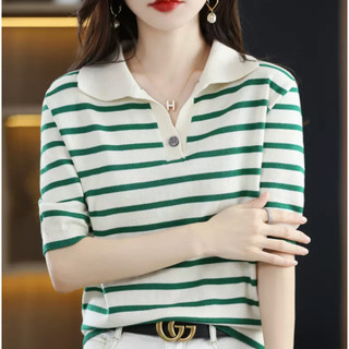 Áo Len Sọc Tay Ngắn Nữ Cổ Áo Polo Mùa Hè Rời Đi Lại Mỏng Top