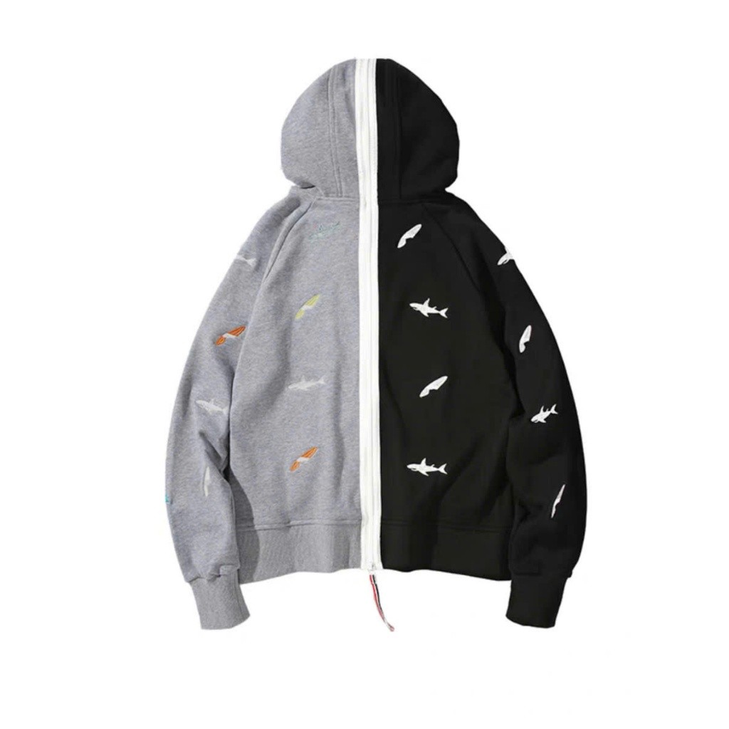 Áo Khoác Thom Thêu Cá 2 Mảnh Đen Xám KCloset Áo Nỉ, Áo Hoodie Dày Dặn Dáng Rộng Nam Nữ NA961