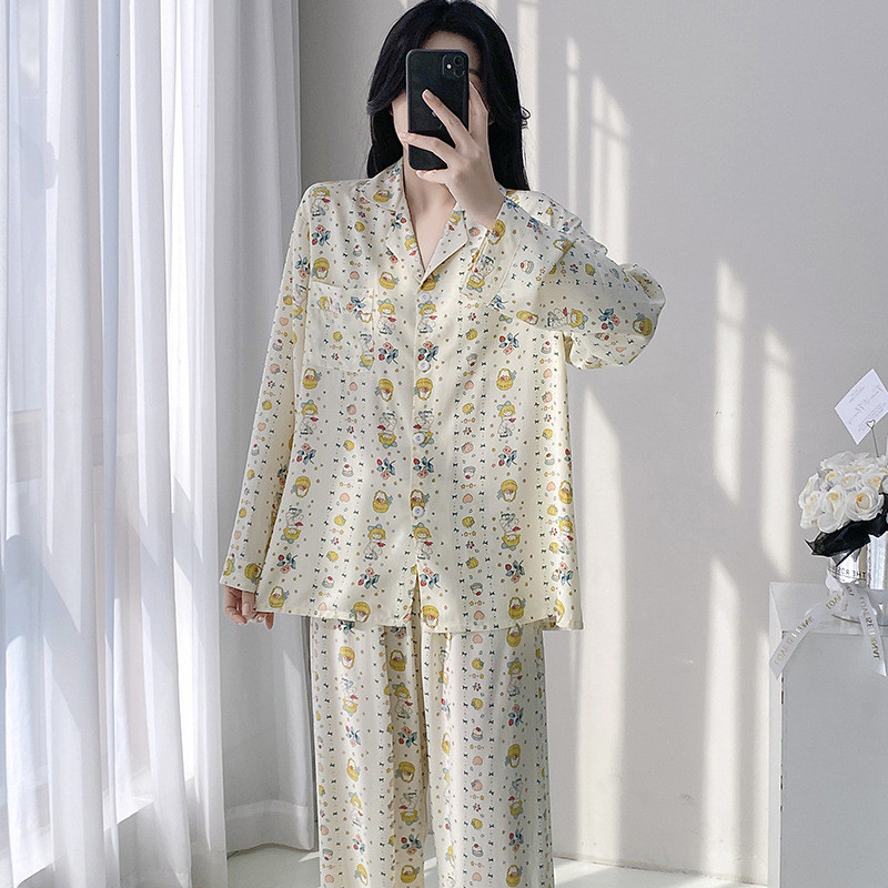 Một Bộ Đồ Ngủ Nữ Hai Mảnh Vải Cotton Lụa Dài Tay, Phù Hợp Cả Mùa Xuân và Mùa Hè
