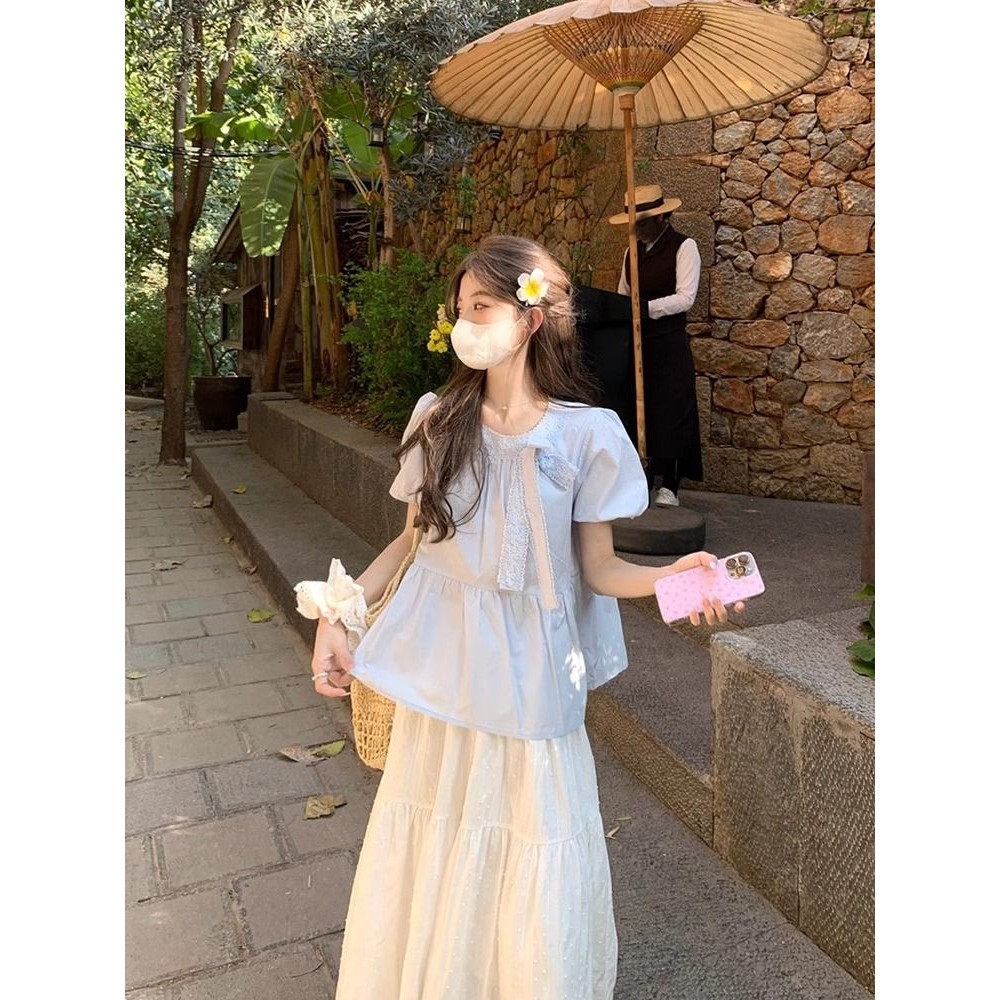 [YU]Áo sơ mi nữ tay phồng kèm nơ, dáng búp bê, thiết kế ngọt ngào, thoáng mát, dễ thương.