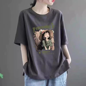 Áo thun ngắn tay cổ tròn cổ điển cho nữ với họa tiết hoạt hình đáng yêu, phù hợp mùa hè