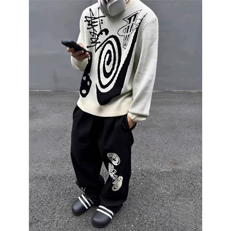 ThaliaWisp Áo len nam Stussy x Nike, dáng rộng vừa vặn, thiết kế xoắn ốc độc đáo