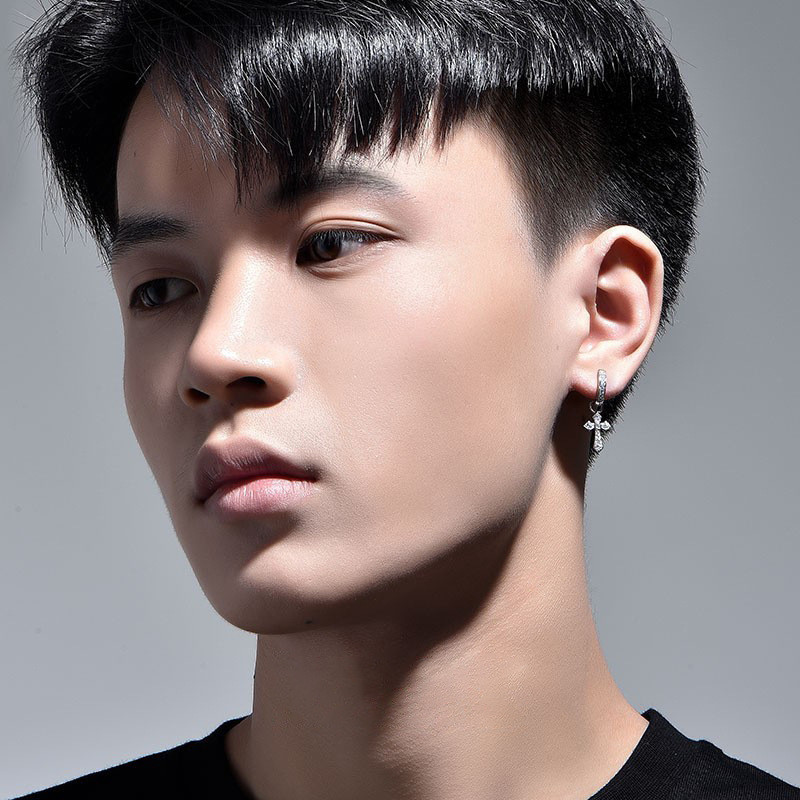Retro S925 Bạc Cross Zircon Bông Tai Nam Hợp Thời Trang Độc Đáo Một Phong Cách Hai Mặc
