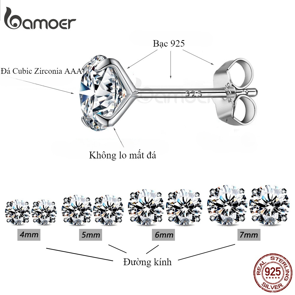 Ảnh Đôi bông tai tròn BAMOER bạc 925 đính đá zircon 4mm 5mm 6mm 7mm thời trang cho nữ 3
