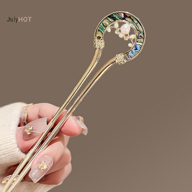 Julyhot Ngọc Trai Kim Loại Hình Chữ U Retro Xanh Trắng Sứ Hình Chữ U Hanfu Kẹp Tóc Phụ Kiện Tóc Massivedeals