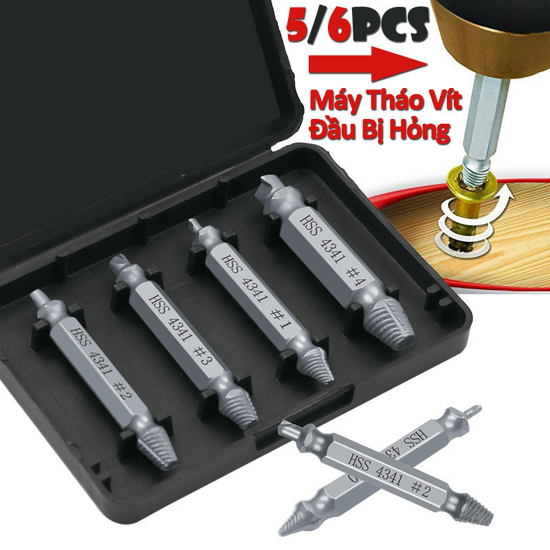 Dụng cụ nhổ răng trượt vít hai đầu， Bộ 6 Mũi Khoan， Bộ Dụng Cụ Tháo Gỡ Ốc Vít Bị Hỏng Dễ Dàng Và Tháo Gỡ Nhanh Chóng