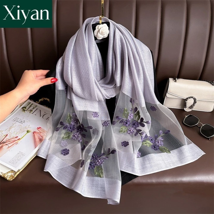 khăn choàng thêu thời trang mới dành cho nữ khăn lụa khăn đi biển khăn choàng chống nắng khăn quàng cổ nữ