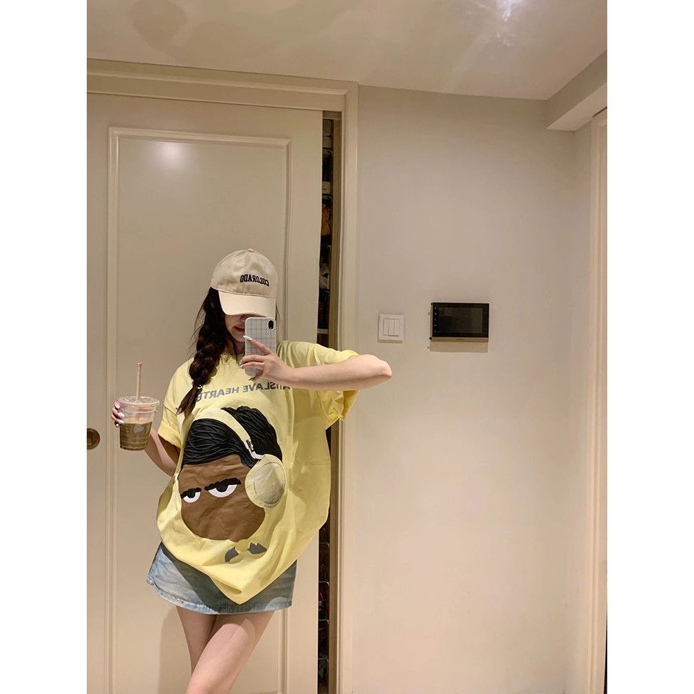 Cotton Nguyên Chất Màu Vàng Kem Hoạt Hình Ngắn Tay Nữ Mùa Hè Rời Top