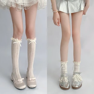 Phong Cách Nhật Bản Ngọt Ngào Bé Gái Dài Tất JK Gothic Nơ Xù Đầu Gối Tất Nữ Rỗng Ra Lưới Fishnet Vớ