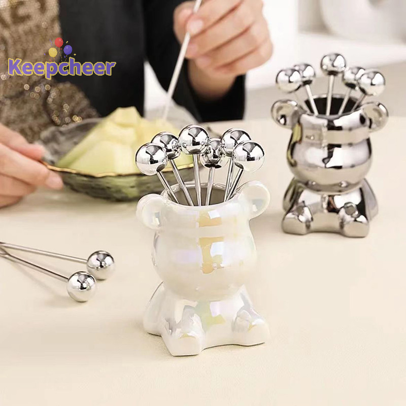 [Keepcheer] 6 Nĩa tráng miệng bằng thép không gỉ có lọ đựng đồ dùng gấu dễ thương cho bữa tiệc g Món tráng miệng Trái cây dưa chua Salad [Mới]