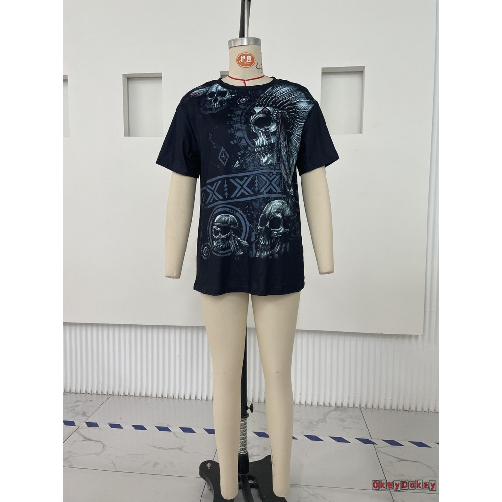 Odokey-áo thun cổ tròn tay ngắn in hình đầu lâu cổ điển dành cho nữ