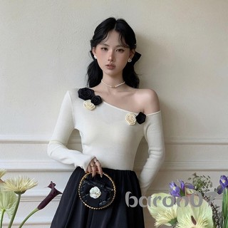 Áo thun dệt kim dài tay dành cho nữ Màu sắc tương phản 3D hoa Slim Fit Slant Cổ áo thường ngày