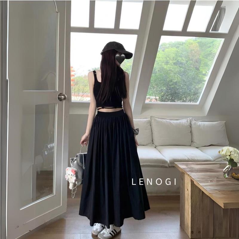 Chân váy maxi thiết kế,chữ A 2 lớp dáng xòe xếp ly có chun sau thanh lịch LENOGI V01