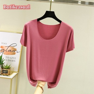 Áo thun nữ modal cotton tay ngắn mùa xuân hè 2024 dáng rộng cổ chữ U Plus Size