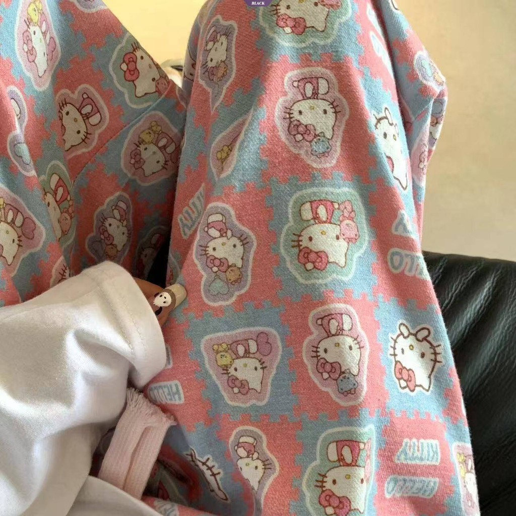 Retro Màu Xanh Chó Pyjama Quần Xuân Thu Mới Hàn Quốc Hoạt Hình Dễ Thương In Hình Rời Quần Nhà Nữ [BL]