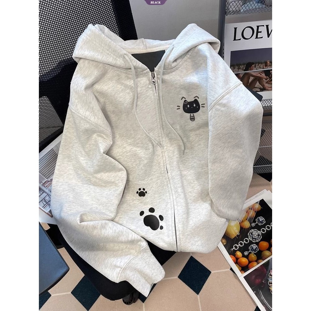 Ngọt Ngào Phong Cách Thoáng Mát Nhật Bản Mèo Dễ Thương In Áo Len Có Mũ Nữ Xuân Thu Rời Gió Lười Zip Áo Khoác Cardigan Ins [BL]