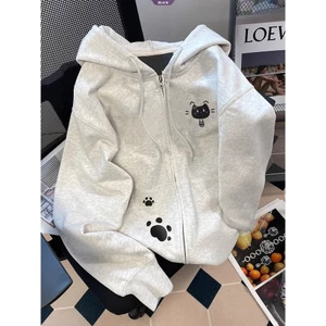 Ngọt Ngào Phong Cách Thoáng Mát Nhật Bản Mèo Dễ Thương In Áo Len Có Mũ Nữ Xuân Thu Rời Gió Lười Zip Áo Khoác Cardigan Ins [BL]