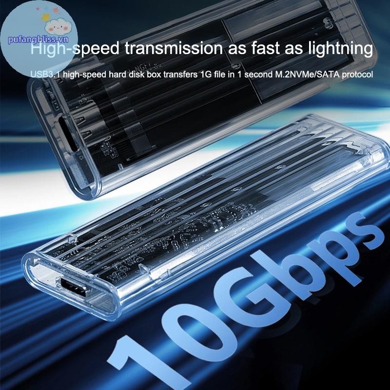 Pufangbliss M.2 NVME PCIe NGFF SATA Protocol Case Clear USB Type C 10Gbps PCI-E Hộp đựng ổ cứng gắn ngoài trong suốt cho điện thoại máy tính xách tay VN