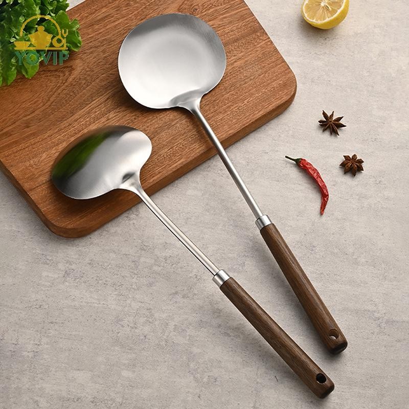 YOVIP Chảo Inox Thìa Nấu Ăn Cụ Thể Đầu Bếp Bằng Gỗ Tay Cầm Dài Nấm Xẻng Nhà Bếp Dụng Cụ Nấu Ăn VN