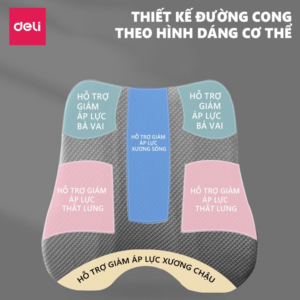 Combo Bộ gối tựa lưng và đệm Foam lót ghế văn phòng DELI, giảm đau mỏi chống gù lưng, hỗ trợ giảm đau ngồi lâu