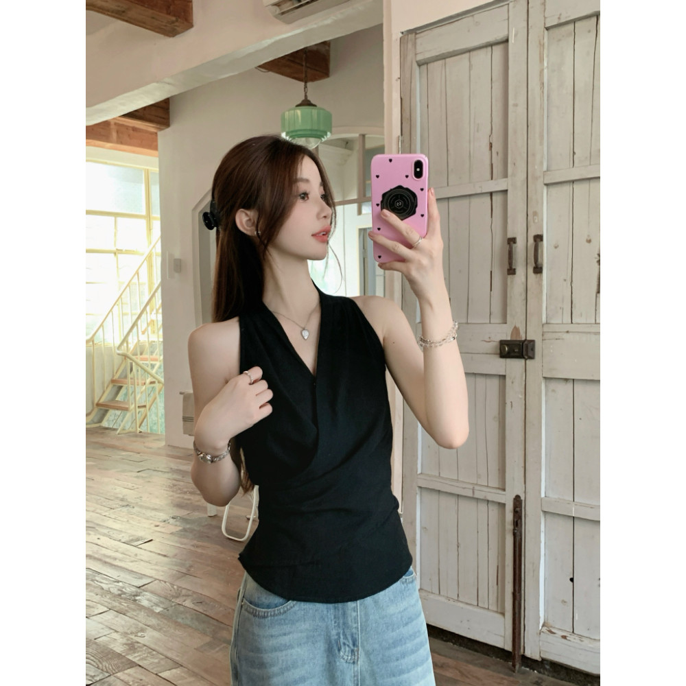 SUXI Áo sơ mi không tay cổ chữ V kiểu Pháp nhẹ nhàng, phù hợp mùa hè cho nữ