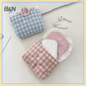 B & N Dễ Thương Ngọt Ngào Ren Hoa Ví Đựng Tiền Xu Thời Trang Màu Hồng Xanh Kẻ Sọc Tai Nghe Bảo Vệ Bé Gái Túi Bảo Quản Nhỏ Di Động.