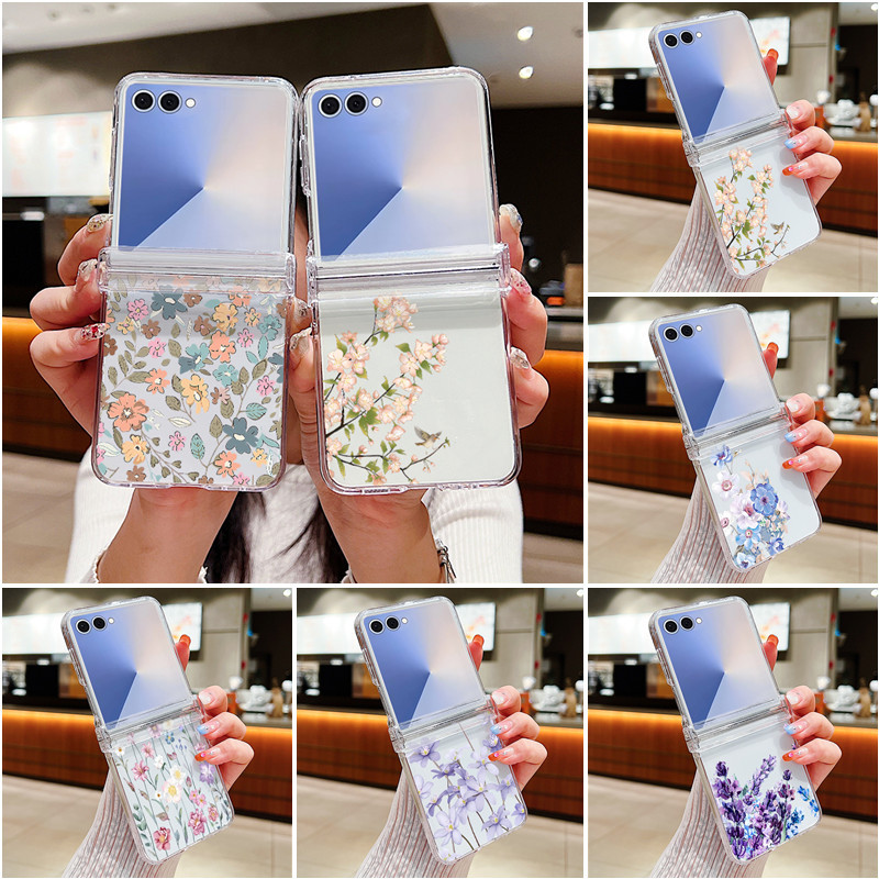 Hoa Họa Tiết Hoa Trong Suốt Ốp Lưng Điện Thoại Samsung Galaxy Z Flip 7 Flip 6 Flip 5 Flip 4 5G Full Bản Lề Cứng PC Gấp Bao Dành Cho Samsung Z Flip7 Flip6 Flip5 Flip4 Flip3