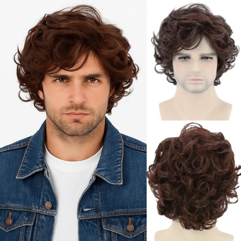 LACYES Tóc Giả Lớp Xoăn Ngắn, Nâu Lông Tơ Tổng Hợp Nam Tóc Giả, Đẹp Trai Tự Nhiên Toupee Thực Tế Halloween Cosplay Tóc Giả Nam Trẻ