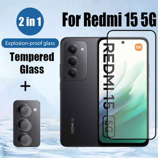 Redmi 15 2 trong 1 Kính Cường Lực Bảo Vệ Màn Hình Cho Xiaomi Redmi 15C 14C 13C 12 A3 Note 13 Pro 4G 5G 9D Kính Bảo Vệ Phim Với Ống Kính Máy Ảnh Phim