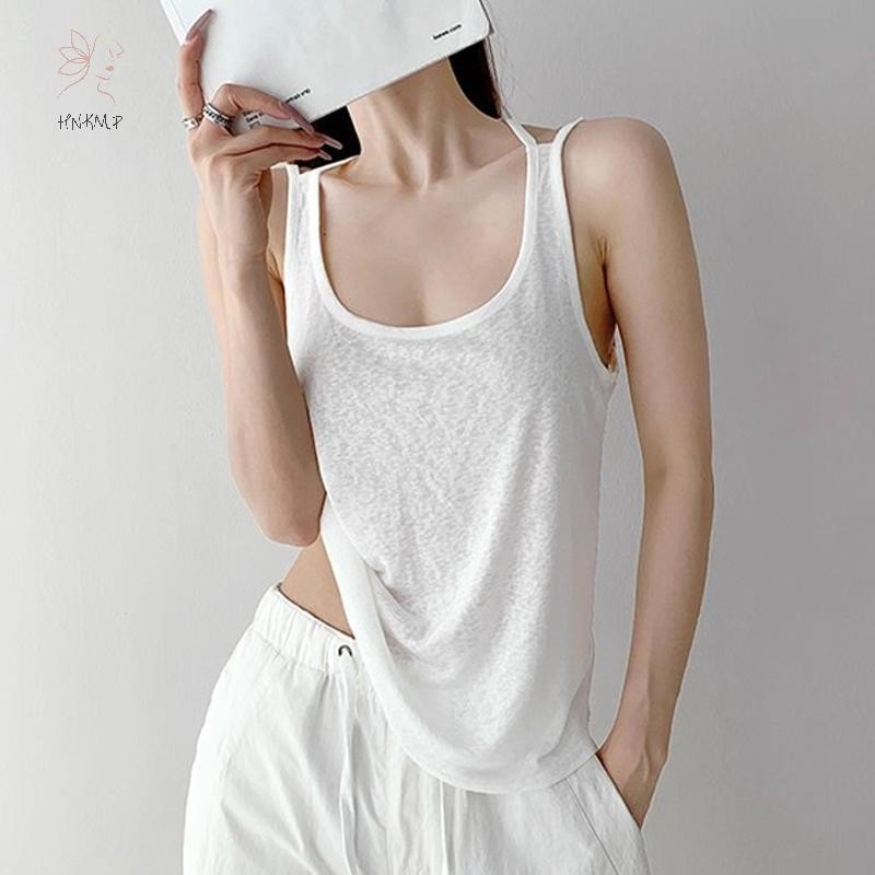 Áo vest nữ nguyên chất mùa hè, thiết kế gợi cảm cổ chữ U không tay.