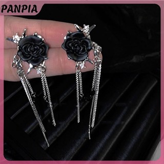 PANPIA-Trang Sức Thời Trang Retro Đen Kim Cương Giả Hoa Hồng Dài Tua Rua Bông Tai Nữ Trang Sức