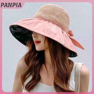PNPIA-Áo Hè Nữ Mới Mũ Xô Chống Tia UV Mũ Chống Nắng Màu Trơn Mềm Mại Có Thể Gập Lại Rộng Vành Bãi Biển Ngoài Trời Panama Đuôi Ngựa Mũ