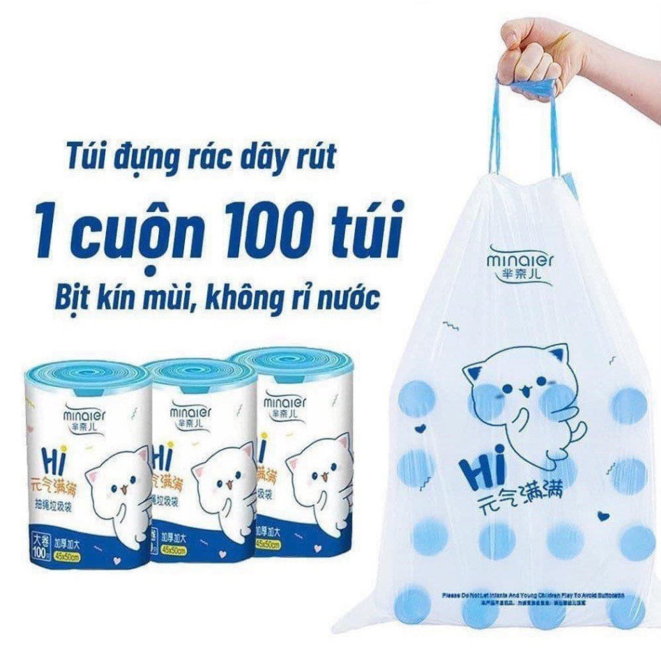 Túi Đựng Rác, Cuộn 100 Túi Có Quai Rút, Tự Huỷ Sinh Học, Kích Thước 45 x 50 cm, Siêu Dai, Chịu Nhiệt