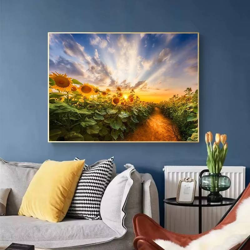 Cánh đồng hoa hướng dương cổ điển lúc hoàng hôn. Sun. Poster phong cảnh nông thôn. Tranh canvas nghệ thuật. Bức tranh tường. Hình ảnh phòng khách. Trang trí nội thất