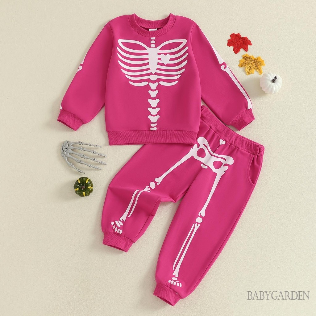 1-7 Tuổi Trẻ Em Bé Gái Bé Trai Trang Phục Halloween In Hình Bộ Xương Dài Tay Cổ Tròn Chui Đầu + Quần Eo Co Giãn 2 Chiếc Bộ
