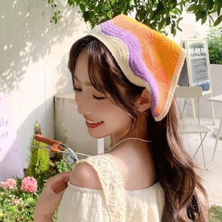 Băng đô tam giác ASDFGER, Mũ trùm đầu móc thủ công phong cách mục vụ kiểu Pháp, Khăn quàng cổ dệt kim tương phản màu hoa nhỏ thời trang cho bé gái băng đô mùa xuân hè ngoài trời