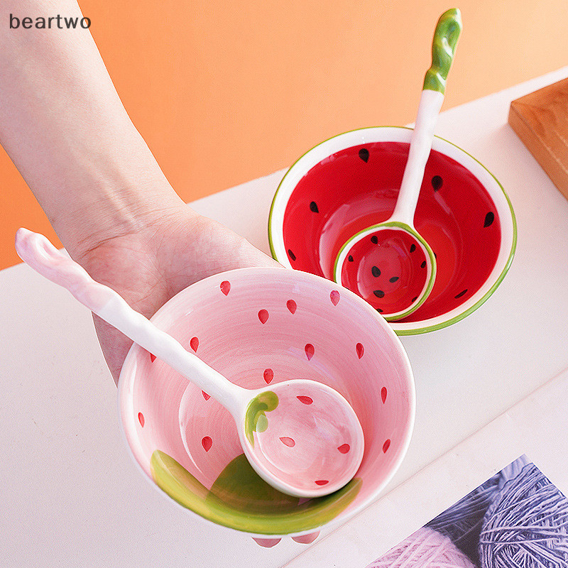 < Beartwo > Muỗng hình dưa hấu dâu đáng yêu Muỗng gốm ngũ cốc Thìa súp Ramen Hoa văn trái cây Phục vụ Bát thìa đẹp