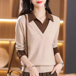 Dệt Kim Dài Tay Giả Hai Mảnh Nữ Top Thu 2024 Phong Cách Mới Nữ Thời Trang Áo Sơ Mi Áo Len Đáy Áo Sơ Mi
