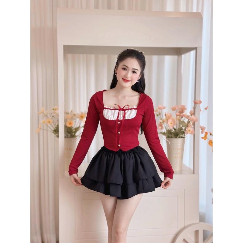 Sét đầm áo tay dài phối màu chất Gân Tăm + Chân váy quần bí 2 tầng chất Kate dày Size dưới 55kg TT88