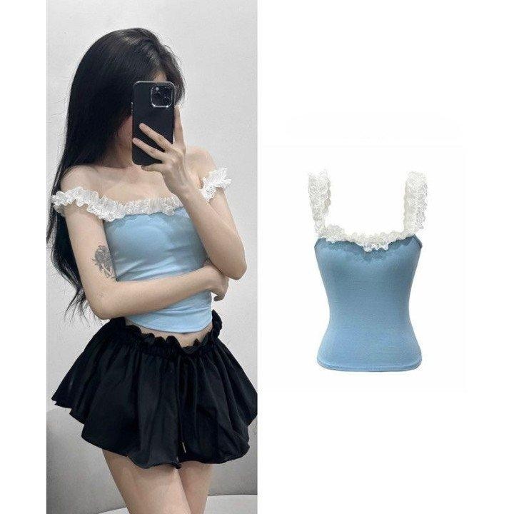 Áo hai dây nữ ôm body phối ren làm điểm nhấn chất thun borip ôm tôn dáng- A350