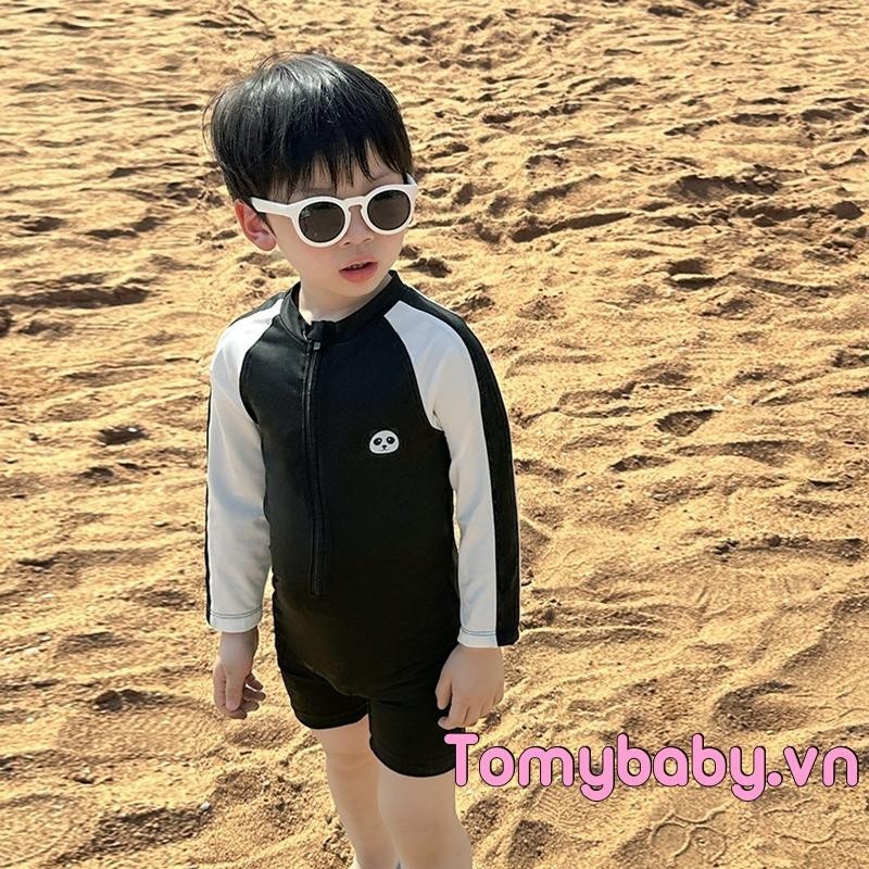 Trẻ Em Bé Trai Đồ Bơi Playsuit Họa Tiết Gấu Trúc Chắp Vá Dây Kéo Dài Tay Chống Nắng Bộ Đồ Tắm