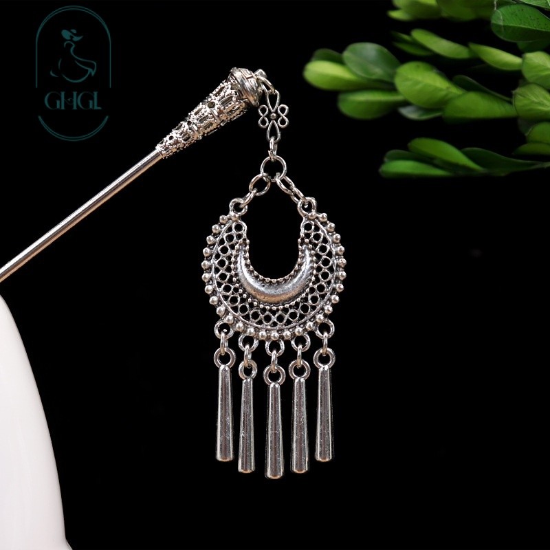 Retro Phong Cách Dân Tộc Tua Rua Kẹp Tóc Miao Bạc Cũ Bước Xoay Kẹp Tóc Hanfu Sườn Xám Mới Phong Cách Trung Hoa Kẹp Tóc Mũ Đội Đầu Du Lịch Phụ Kiện Chụp Ảnh