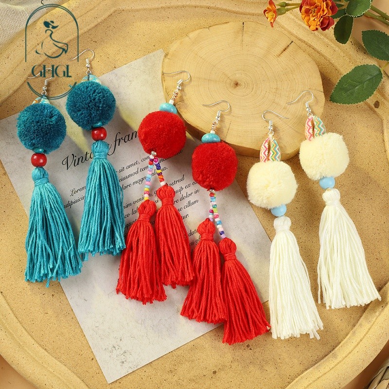 [Ghgl] Hàng có sẵn hs Bohemian Retro Pompom Pompom Tua Rua Bông Tai Nữ Kỳ Nghỉ Phong Cách Dân Tộc Phong Cách Dài Niche Tính Khí Bông Tai Độc Đáo Độc Đáo