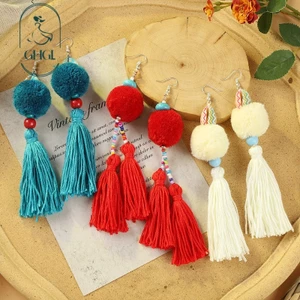 Hàng có sẵn hs Bohemian Retro Pompom Pompom Tua Rua Bông Tai Nữ Kỳ Nghỉ Phong Cách Dân Tộc Phong Cách Dài Niche Tính Khí Bông Tai Độc Đáo Độc Đáo